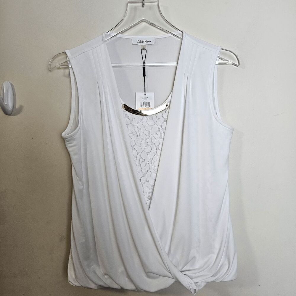 Calvin Klein Tank Bubble Blouse Faux Wrap with White Lace Underlay Gold Hardware